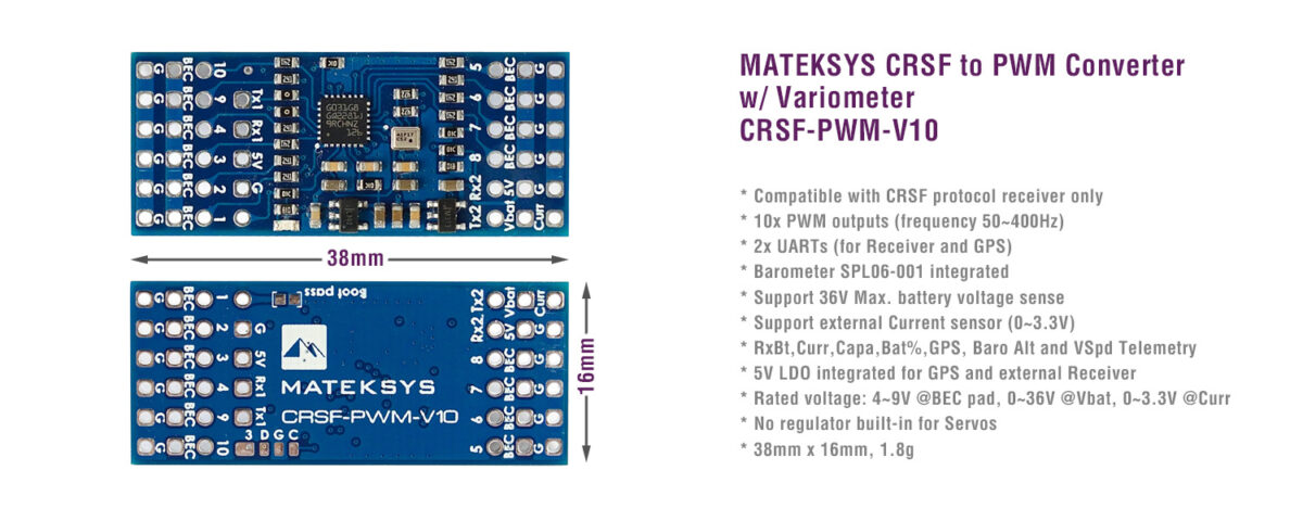 MATEKSYS CRSF-PWM Converter with Variometer, CRSF-PWM-V10