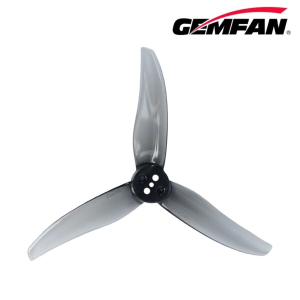 Close-up of the fixed three-hole 1.5mm T-mount hub on a Clear Gray Gemfan 3525 Hurricane tri-blade propeller