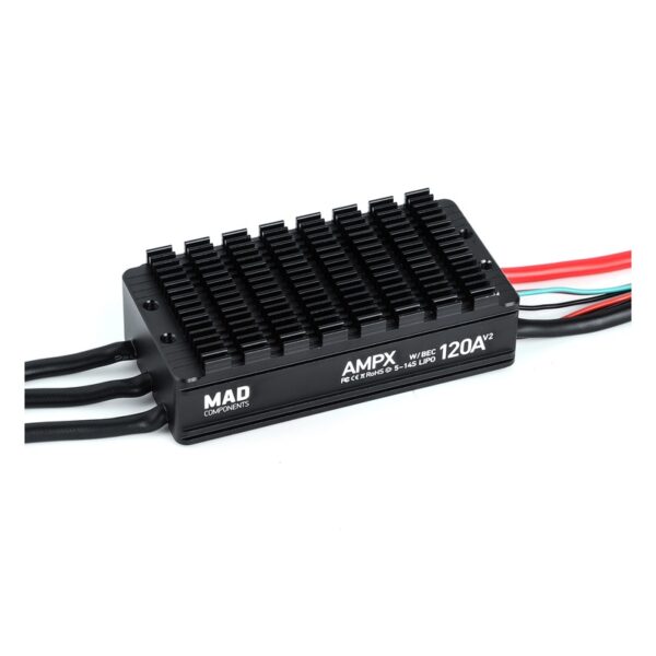 MAD AMPX 120A V2.0 5–14S DroneCAN ESC with black finned enclosure and attached leads