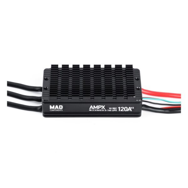 MAD AMPX 120A V2.0 5–14S ESC front view showing cooling fins and printed specifications