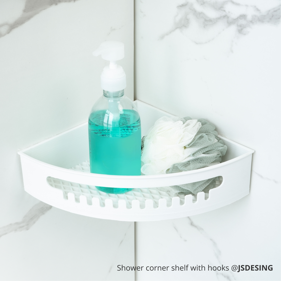 White ABS-GF corner shelf holding bathroom accessories