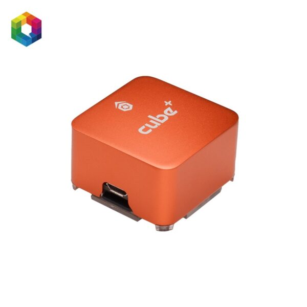 CubePilot Cube Orange+ module detail showing enclosure branding and lower access opening