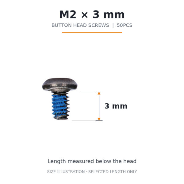 FlyFishRC M2 x 3mm button head screw with blue threadlocker and under-head length annotation, 50-piece pack