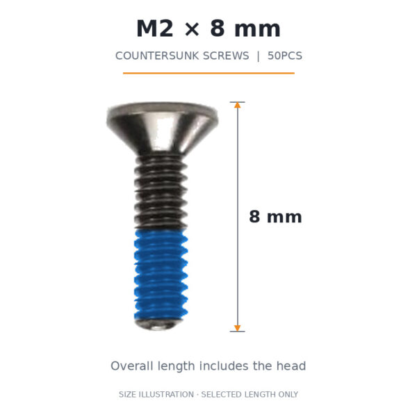 FlyFishRC M2 x 8 mm countersunk screw size illustration, blue threadlocker and overall length annotation including the head
