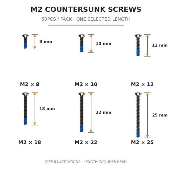 FlyFishRC M2 countersunk screw collage with 8, 10, 12, 18, 22 and 25 mm overall length annotations; 50 screws of one selected length per pack