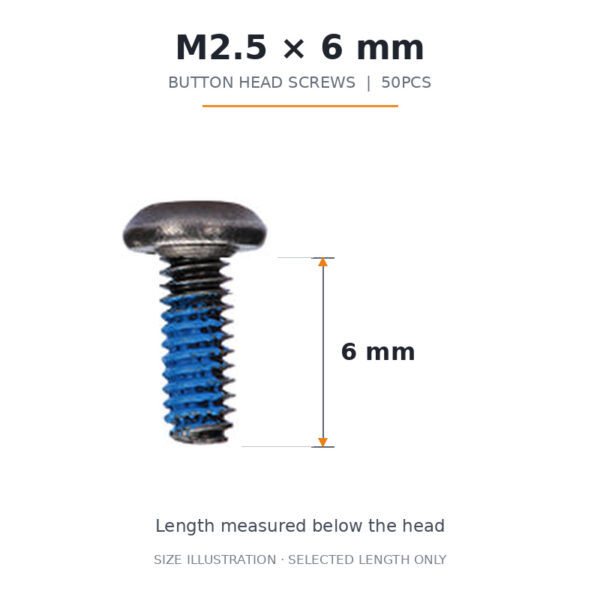 FlyFishRC M2.5 x 6 mm button head screw with blue threadlocker and length annotation, 50-piece pack size illustration