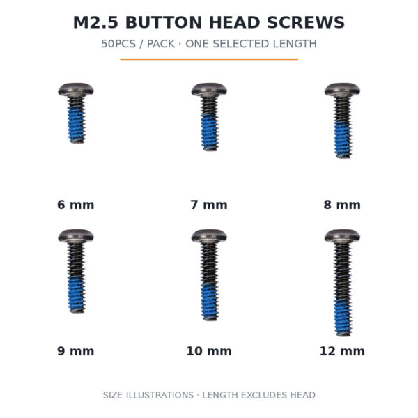 FlyFishRC M2.5 button head screw size illustrations for 6, 7, 8, 9, 10 and 12 mm lengths; 50 screws of one selected length per pack
