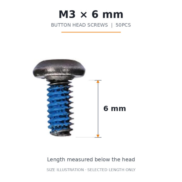 FlyFishRC M3 x 6mm button head screw size illustration, 50-piece pack