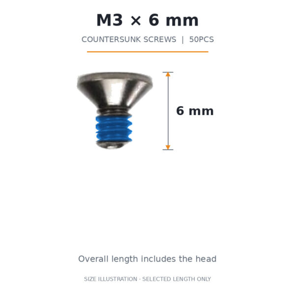 FlyFishRC M3 x 6 mm countersunk screw size illustration with blue threadlocker and overall length annotation including the head