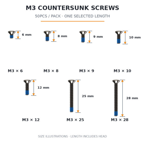 FlyFishRC M3 countersunk screw collage with 6, 8, 9, 10, 12, 25 and 28 mm overall lengths; 50 screws of one selected length per pack
