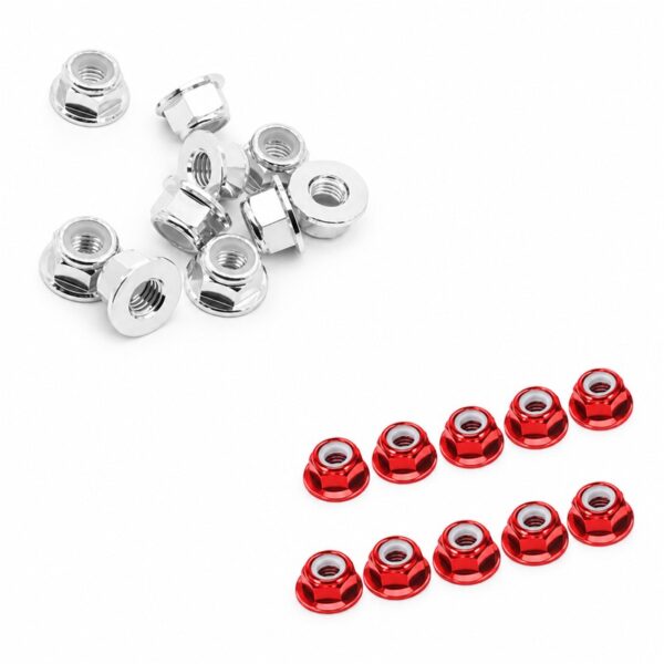 FlyFish M5 flange nylon lock nuts showing Silver and Red colour options