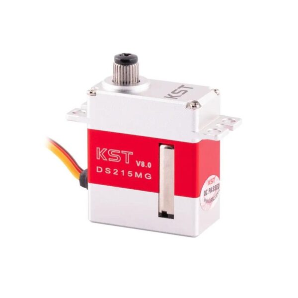 KST DS215MG V8.0 servo close-up showing metal case, output spline and model marking
