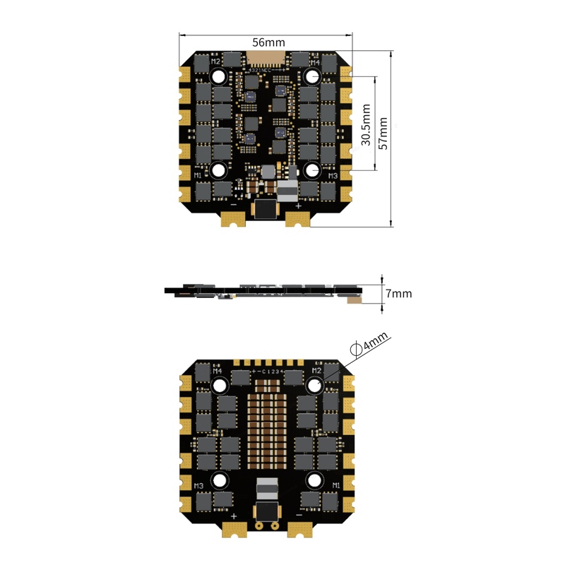 SPEDIX BLS 100A AM32 ESC — Dimensions SPEDIX BLS 100A AM32 ESC dimensions: 57 x 56 x 7 mm with 30.5 mm mounting spacing and 4 mm holes