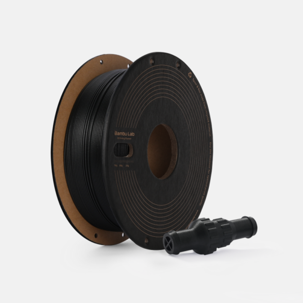 Bambu Lab PPS-CF Black 0.75 kg cardboard spool with illustrative printed sample