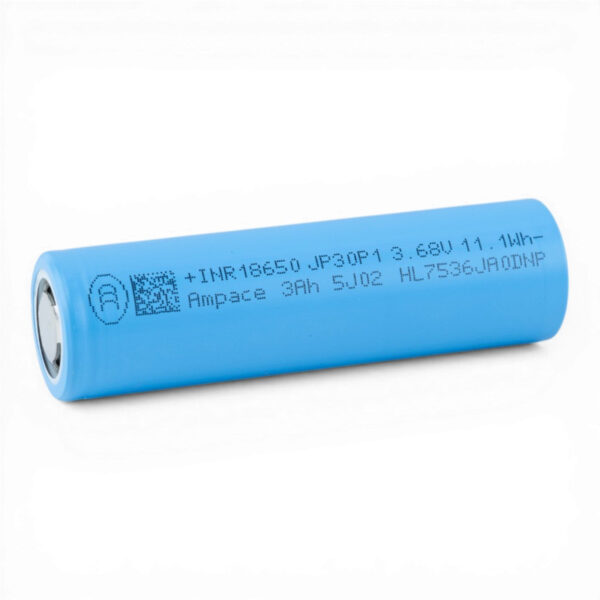 Ampace JP30 3000mAh 18650 lithium-ion cell with printed markings and positive terminal
