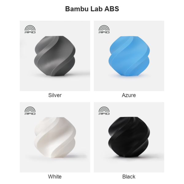 Bambu Lab ABS colour collage: Silver, Azure, White and Black.