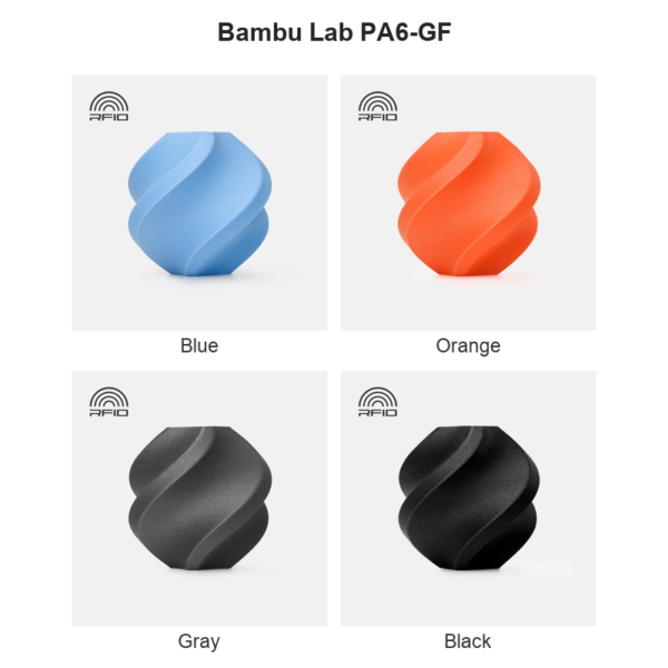 Bambu Lab PA6-GF colour collage: Blue, Orange, Gray, Black.