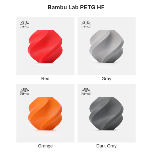 Bambu Lab PETG HF colour collage: Red, Gray, Orange, Dark Gray.