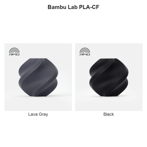 Bambu Lab PLA-CF colour collage: Lava Gray, Black.