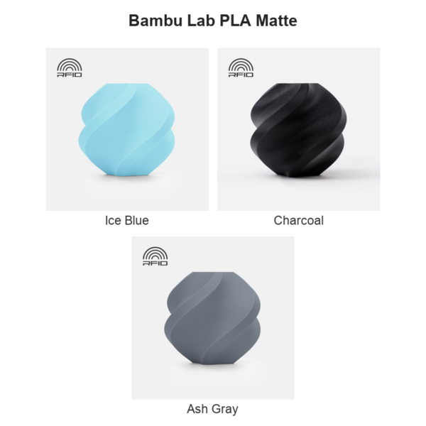 Bambu Lab PLA Matte colour collage: Ice Blue, Charcoal, Ash Gray.
