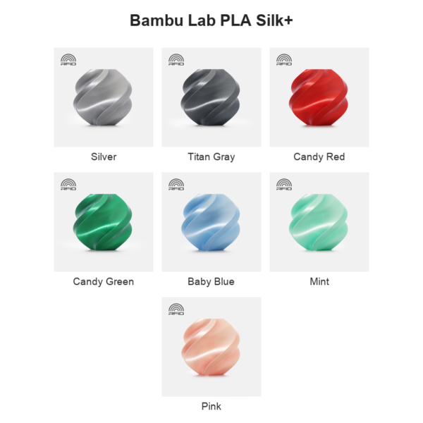 Bambu Lab PLA Silk+ colour collage: Silver, Titan Gray, Candy Red, Candy Green, Baby Blue, Mint, Pink.