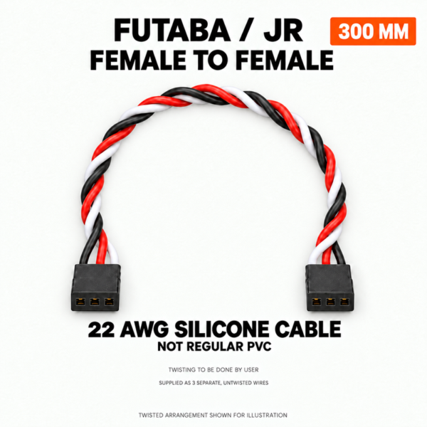 300 mm female-to-female silicone servo cable. Small note: twisting to be done by user; supplied as three separate untwisted wires.