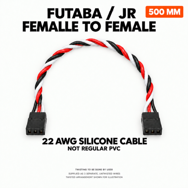 500 mm female-to-female silicone servo cable. Small note: twisting to be done by user; supplied as three separate untwisted wires.