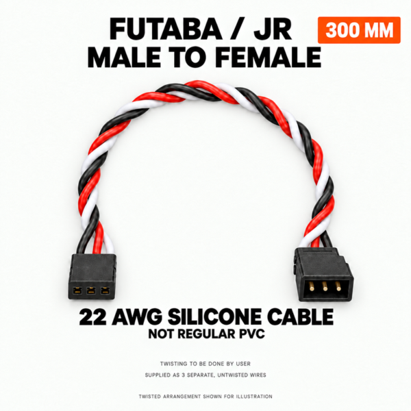 300 mm male-to-female silicone servo cable. Small note: twisting to be done by user; supplied as three separate untwisted wires.