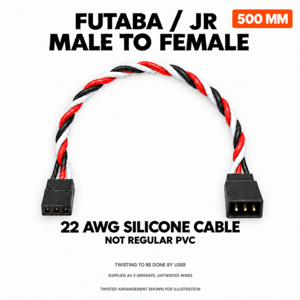 500 mm male-to-female silicone servo cable. Small note: twisting to be done by user; supplied as three separate untwisted wires.