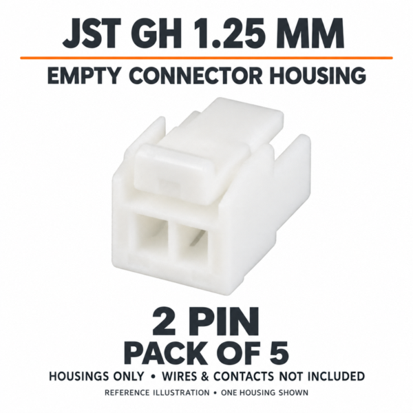 Reference illustration of one 2-pin JST GH 1.25mm empty housing; pack contains five housings, wires and contacts not included.