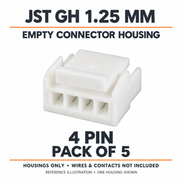 Reference illustration of one 4-pin JST GH 1.25mm empty housing; pack contains five housings, wires and contacts not included.