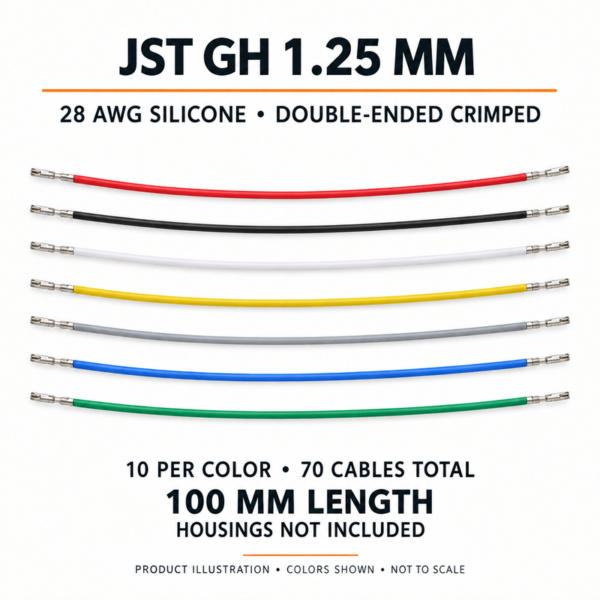 Product illustration of JST GH 1.25mm 28AWG silicone double-ended crimped cables, 100 mm length, showing seven colors; pack contains 10 per color, 70 total.