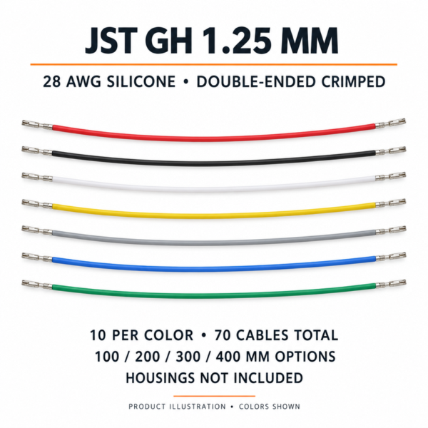 Product illustration of JST GH 1.25mm 28AWG silicone double-ended crimped cables, showing seven colors; pack contains 10 per color, 70 total.