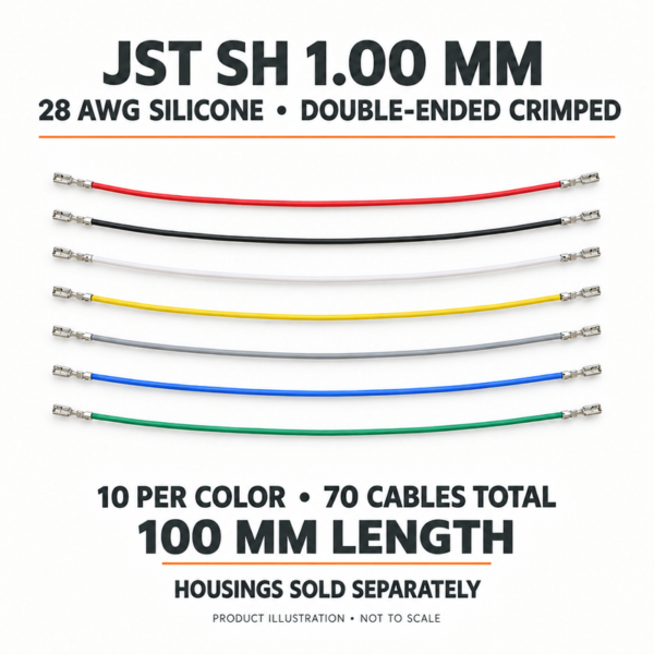 100 mm JST SH double-ended crimped cable illustration showing seven colors; 70 cables per pack, housings sold separately