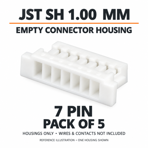 Reference illustration of one 7-pin JST SH 1.00mm empty housing; pack contains five housings, wires and contacts not included.