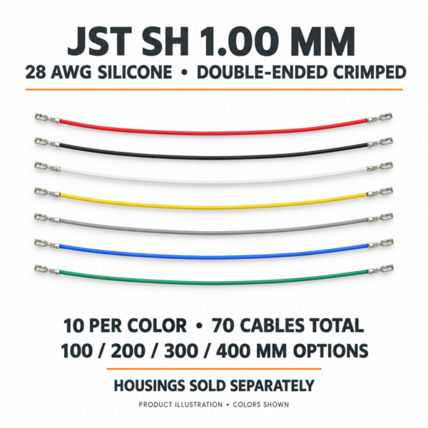 Product illustration of seven colors of JST SH 28AWG silicone double-ended crimped cables; 10 per color, 70 total