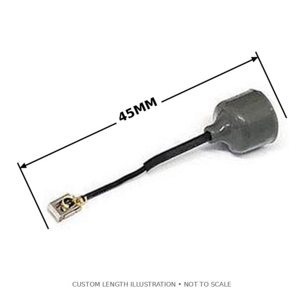 TRUERC SINGULARITY 5.8 LHCP U.FL LITE ANTENNA — 45 mm with matching dimension and end lines, illustrative configuration